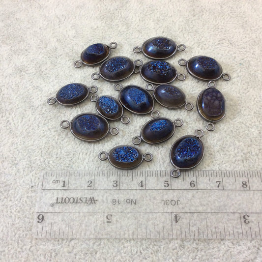 Gunmetal Plated Deep Blue Titanium Druzy Agate Freeform Oval Shaped Bezel Connector - Measuring 14-18mm, Approx. - Individual, Random