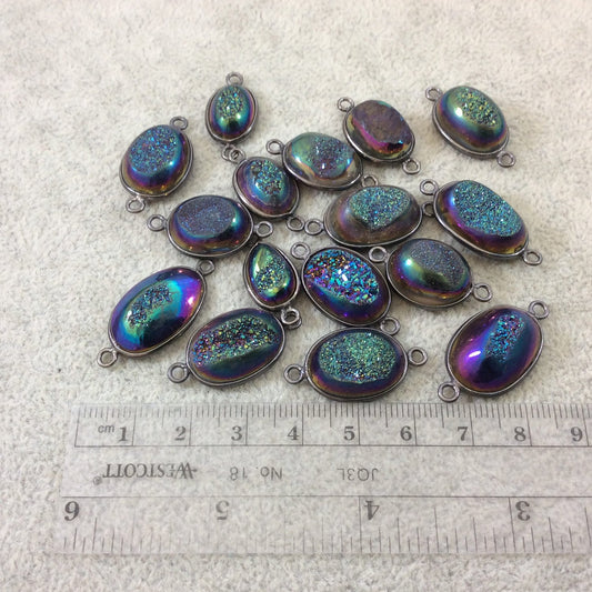 Gunmetal Plated Rainbow Titanium Druzy Agate Freeform Oval Shaped Bezel Connector - Measuring 14-18mm, Approx. - Individual, Random