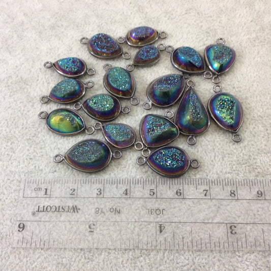 Gunmetal Plated Rainbow Titanium Druzy Agate Freeform Teardrop Shaped Bezel Connector - Measuring 14-18mm, Approx. - Individual, Random