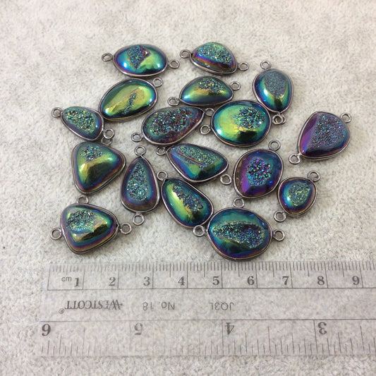 Gunmetal Plated Rainbow Titanium Druzy Agate Random Freeform Shaped Bezel Connector - Measuring 14-18mm, Approx. - Individual, Random