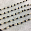 Gold Plated Copper Wrapped Rosary Chain with 4mm Faceted Natural Jet Black Agate Round/Ball Beads - Sold by 1' Cut Sections or in Bulk!