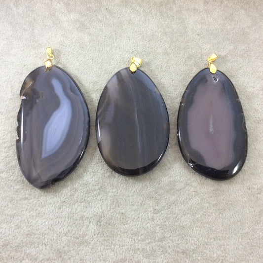 Natural Black/Gray Agate Freeform Shaped Pendant with Gold Plated Bail - Measuring - 65-80mm Long, Approx. - Sold Individually, Random