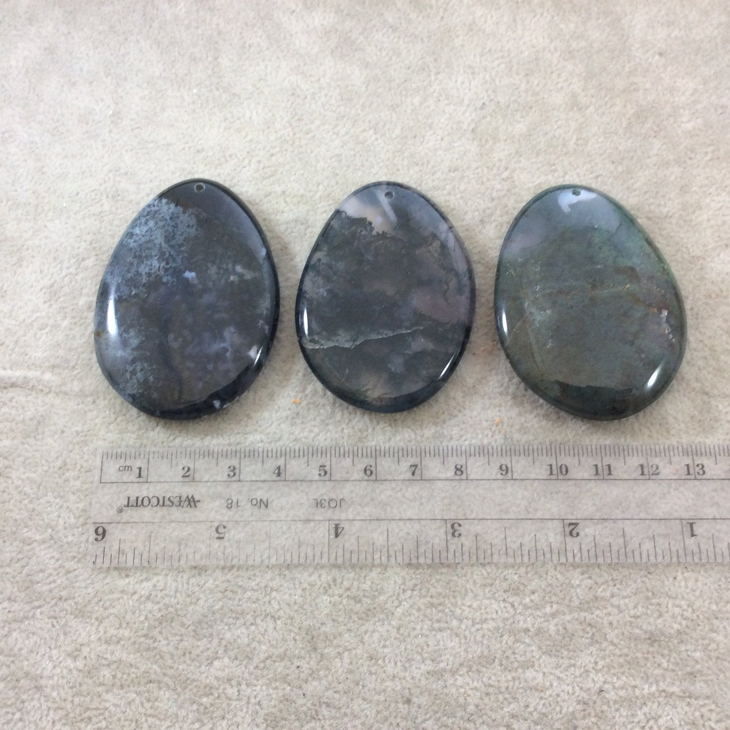 Natural Green Moss Agate Freeform Oval Shaped Pendant with Drilled Hole - Measuring - 50-55mm Long, Approx. - Sold Individually, Randomly