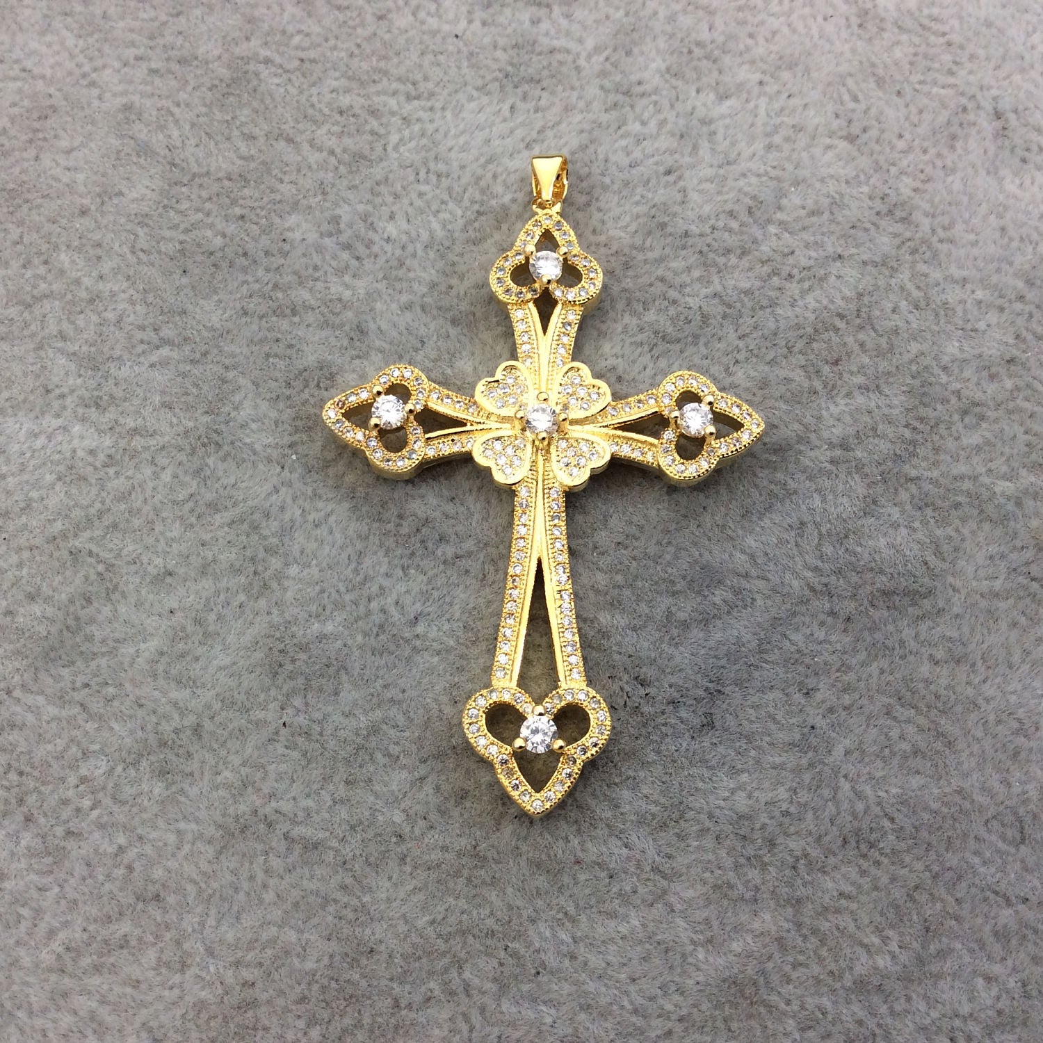 2.2" Long Gold Plated CZ Cubic Zirconia Inlaid Studded Fancy Cross Shaped Plated Copper Focal Pendant - Measuring 39mm x 56mm, Approx.