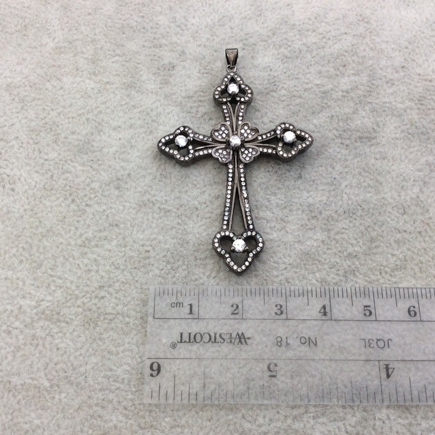 2.2" Long Gunmetal Plated CZ Cubic Zirconia Inlaid Studded Fancy Cross Shaped Plated Copper Focal Pendant - Measuring 39mm x 56mm, Approx.