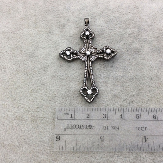 2.2" Long Gunmetal Plated CZ Cubic Zirconia Inlaid Studded Fancy Cross Shaped Plated Copper Focal Pendant - Measuring 39mm x 56mm, Approx.