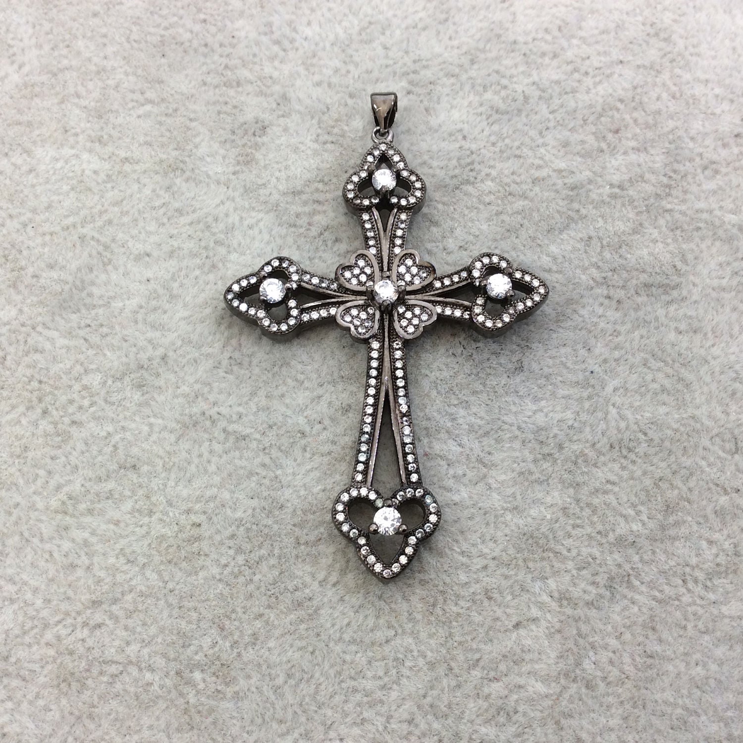 2.2" Long Gunmetal Plated CZ Cubic Zirconia Inlaid Studded Fancy Cross Shaped Plated Copper Focal Pendant - Measuring 39mm x 56mm, Approx.