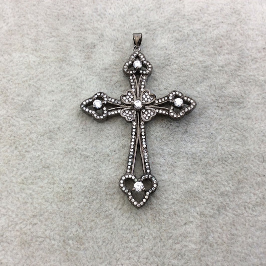 2.2" Long Gunmetal Plated CZ Cubic Zirconia Inlaid Studded Fancy Cross Shaped Plated Copper Focal Pendant - Measuring 39mm x 56mm, Approx.