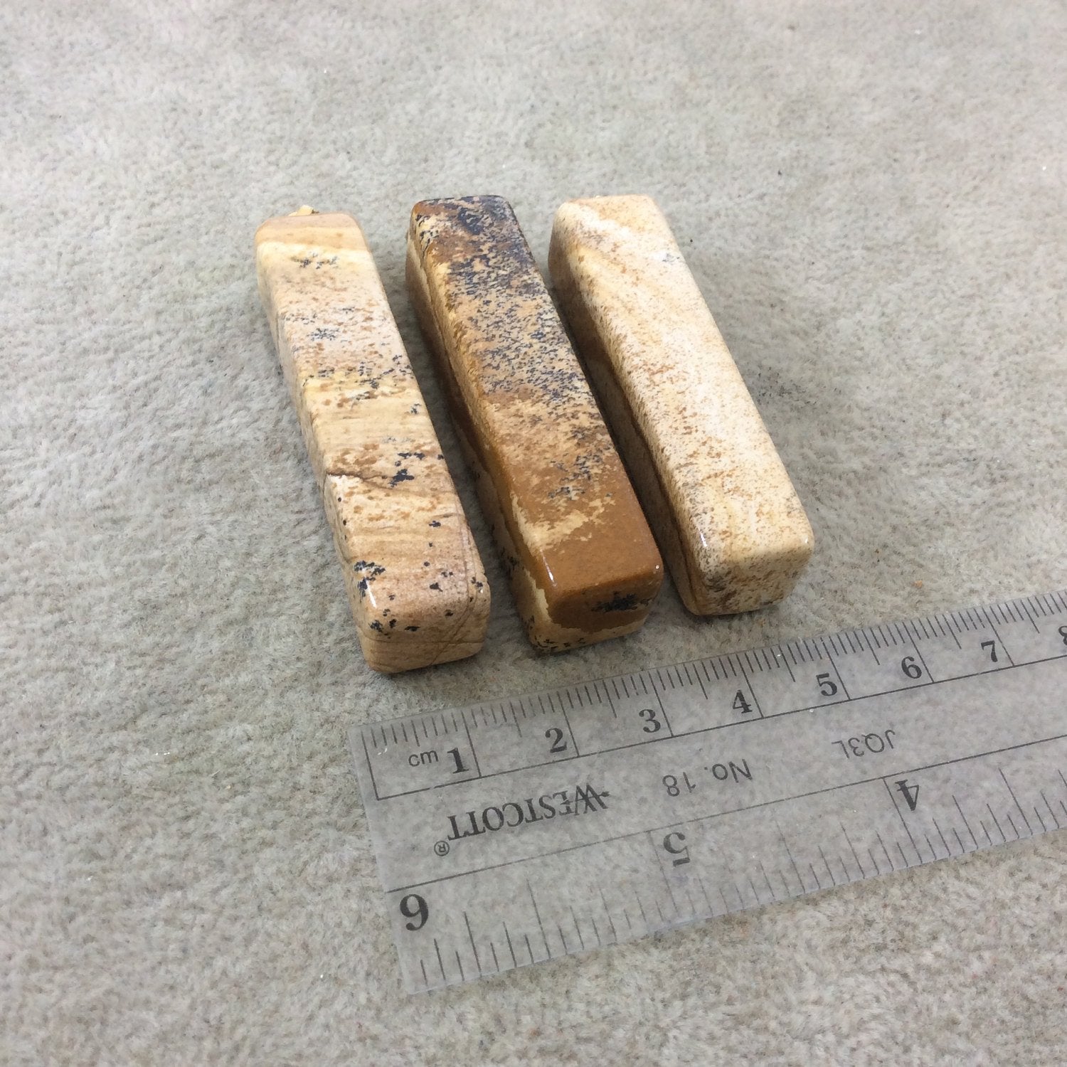 Natural Picture Jasper Rectangular/Block Shaped Pendant with Gold Plated Bail - Measuring 11mm x 53mm, Approx. - Sold Individually, Random