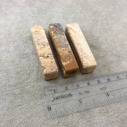 Natural Picture Jasper Rectangular/Block Shaped Pendant with Gold Plated Bail - Measuring 11mm x 53mm, Approx. - Sold Individually, Random