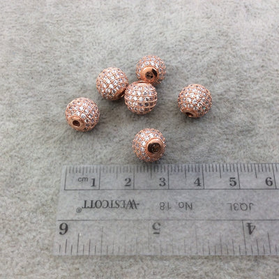 10mm Rose Gold Plated CZ Cubic Zirconia Inlaid Round/Ball Shaped Copper Bead with 2mm Holes - Sold Individually - Other Colors Available!
