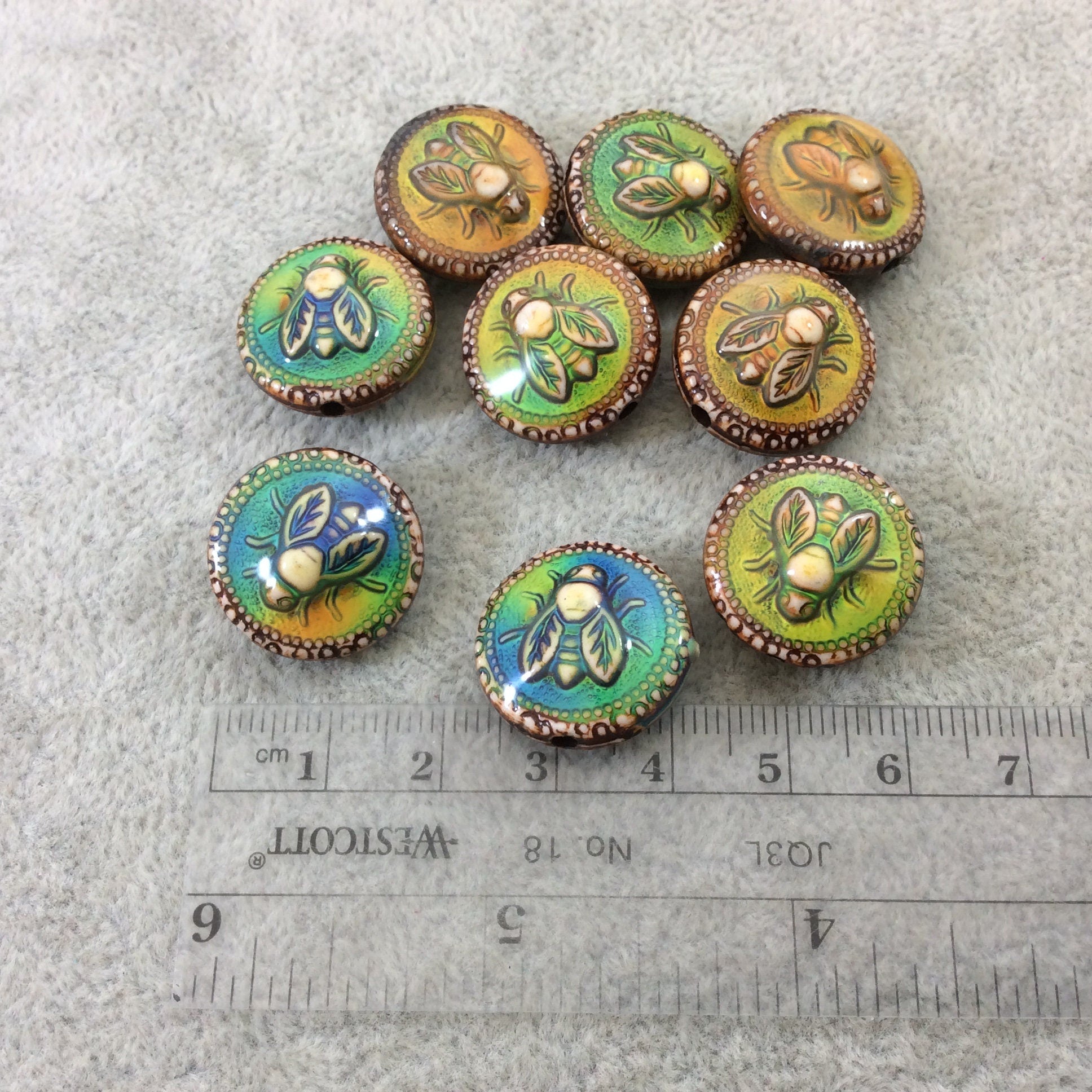 19mm #32 "Honey Bee" Heat Sensitive Color-Changing Mirage Brand Round/Coin Shaped Mood Beads - Sold by Pre-Counted Packs of 2 (Two) Beads