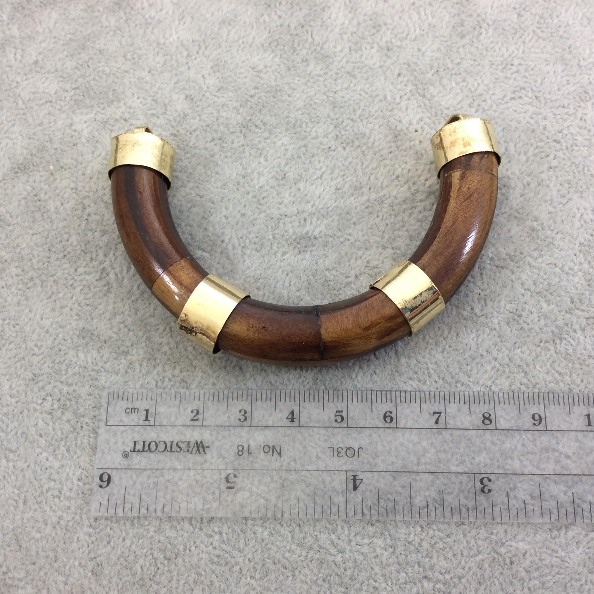 3.5" Warm Brown Alternating Bail U-Shaped Crescent Natural Ox Bone Focal Pendant with Gold Brackets - Measuring 86mm x 50mm 