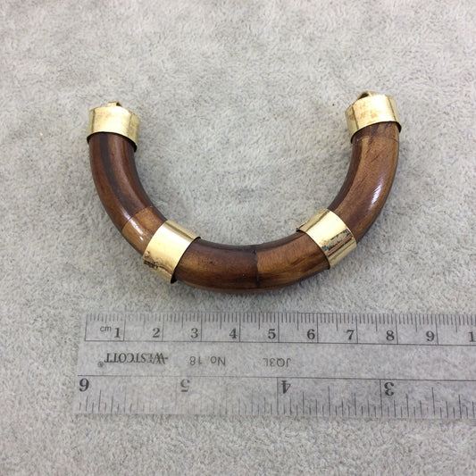 3.5" Warm Brown Alternating Bail U-Shaped Crescent Natural Ox Bone Focal Pendant with Gold Brackets - Measuring 86mm x 50mm 