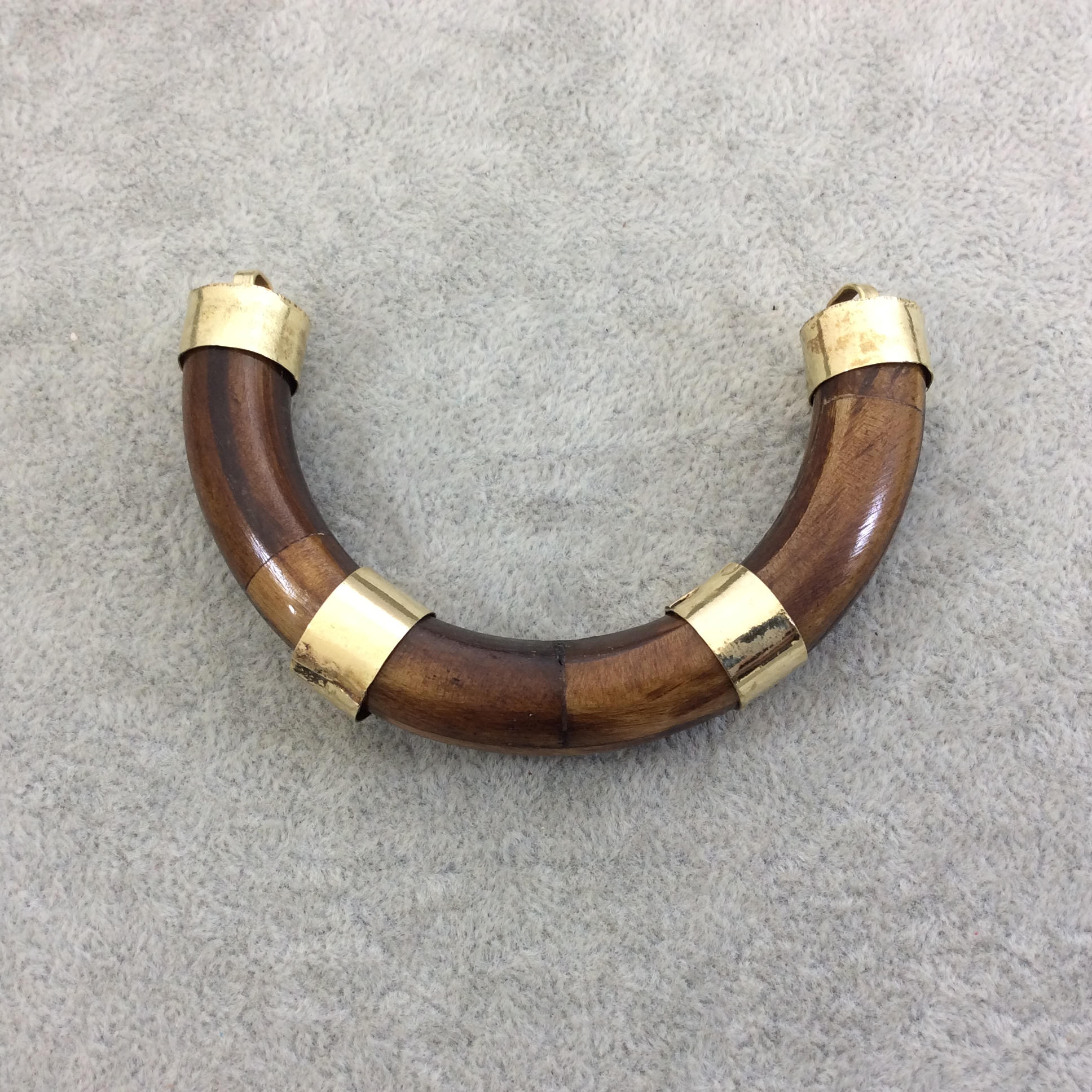3.5" Warm Brown Alternating Bail U-Shaped Crescent Natural Ox Bone Focal Pendant with Gold Brackets - Measuring 86mm x 50mm 