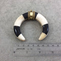 3" Black/White Thick Double Ended Crescent Shaped Natural Bone/Horn Pendant with Dotted Gold Bail - Measuring 77mm x 66mm - (TR083-BW)