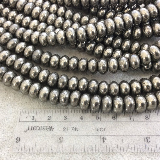 6mm x 10mm Smooth Natural Metallic Pyrite Rondelle/Disc Shaped Beads with 1mm Holes - Sold by 15.75" Strands (Approximately 62 Beads)