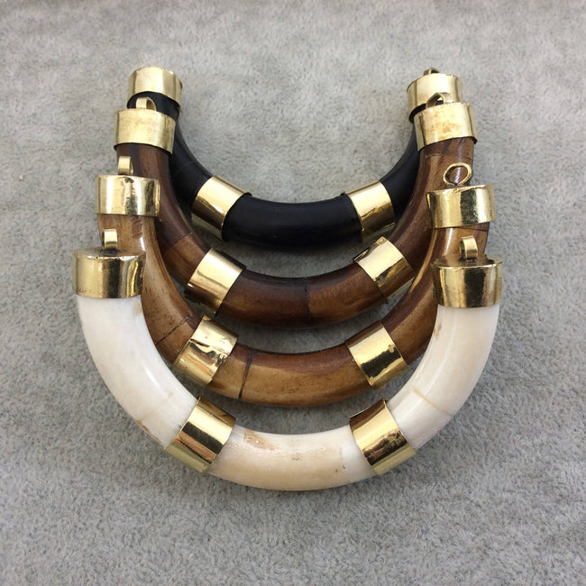 3.5" Light Brown Alternating Bail U-Shaped Crescent Natural Ox Bone Focal Pendant with Gold Brackets - Measuring 86mm x 50mm