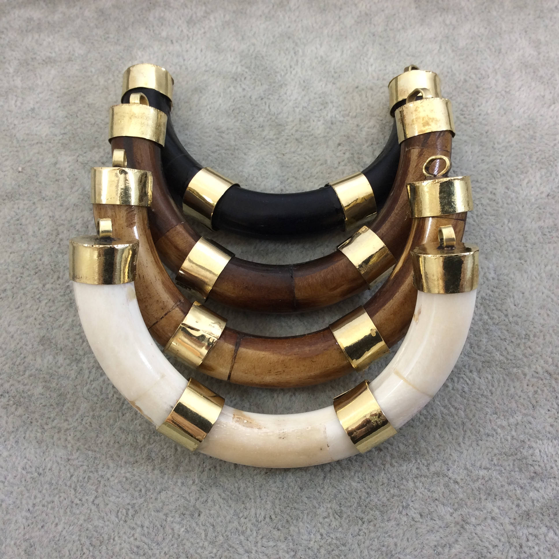 3.5" Jet Black Alternating Bail U-Shaped Crescent Natural Ox Bone Focal Pendant with Gold Brackets - Measuring 86mm x 50mm