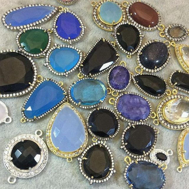 Gold Finish Faceted CZ Rimmed Smooth Blue Goldstone Oval Shaped Bezel Connector Component - Measures 19mm x 22mm - Sold Individually