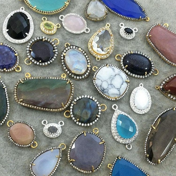 Gold Finish Faceted CZ Rimmed Azure Blue Chalcedony Freeform Teardrop Bezel Pendant Component - Measures 18 x 21mm - Sold Individually