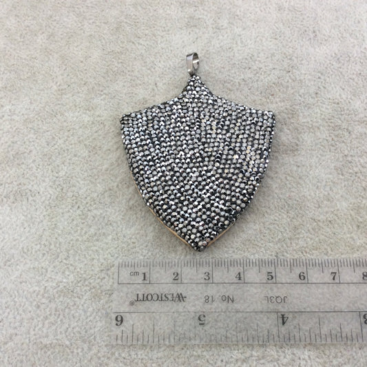 2.5" Pave Rhinestone Encrusted Wood Shield/Crest Shaped Pendant with Gray Rhinestones and Attached Bail - Measuring 55mm x 64mm, Approx.