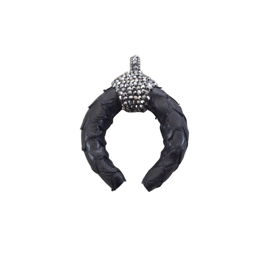 1.5" Pave Rhinestone Encrusted Textured Black Leather Crescent Pendant with Gray Rhinestones and Clip Bail - Measuring 37mm x 43mm, Approx.