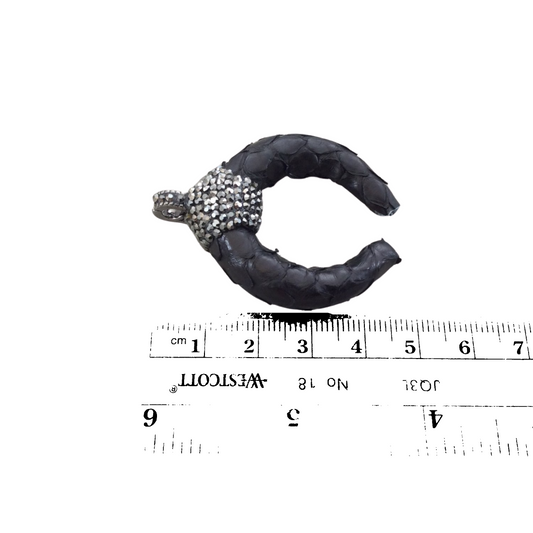 1.5" Pave Rhinestone Encrusted Textured Black Leather Crescent Pendant with Gray Rhinestones and Clip Bail - Measuring 37mm x 43mm, Approx.