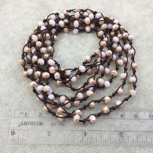 72" Woven Dark Brown Thread Necklace with 6mm Faceted AB Finish Rondelle Shaped Opaque Bicolor Peach Chinese Crystal Beads - (DB72CC-124)