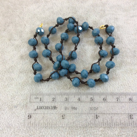 18" Dark Brown Thread Necklace Section with 8mm Faceted Glossy Finish Rondelle Shaped Opaque Denim Blue Chinese Crystal Beads - (18CC-56)