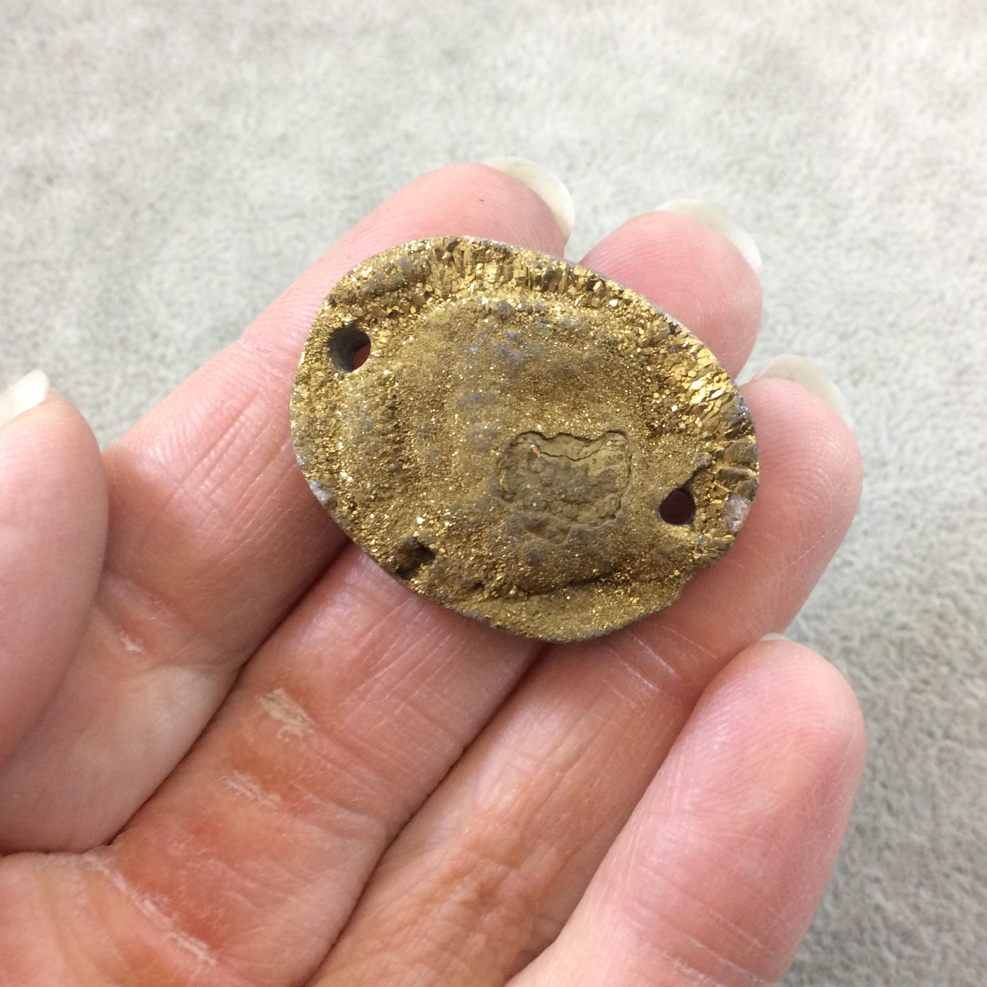 OOAK Metallic Gold Coated Freeform Oval Shaped Chalcedony Galaxy Druzy Dual Drilled Connector Slab Bead "B" - Measuring 26mm x 35mm, Approx.