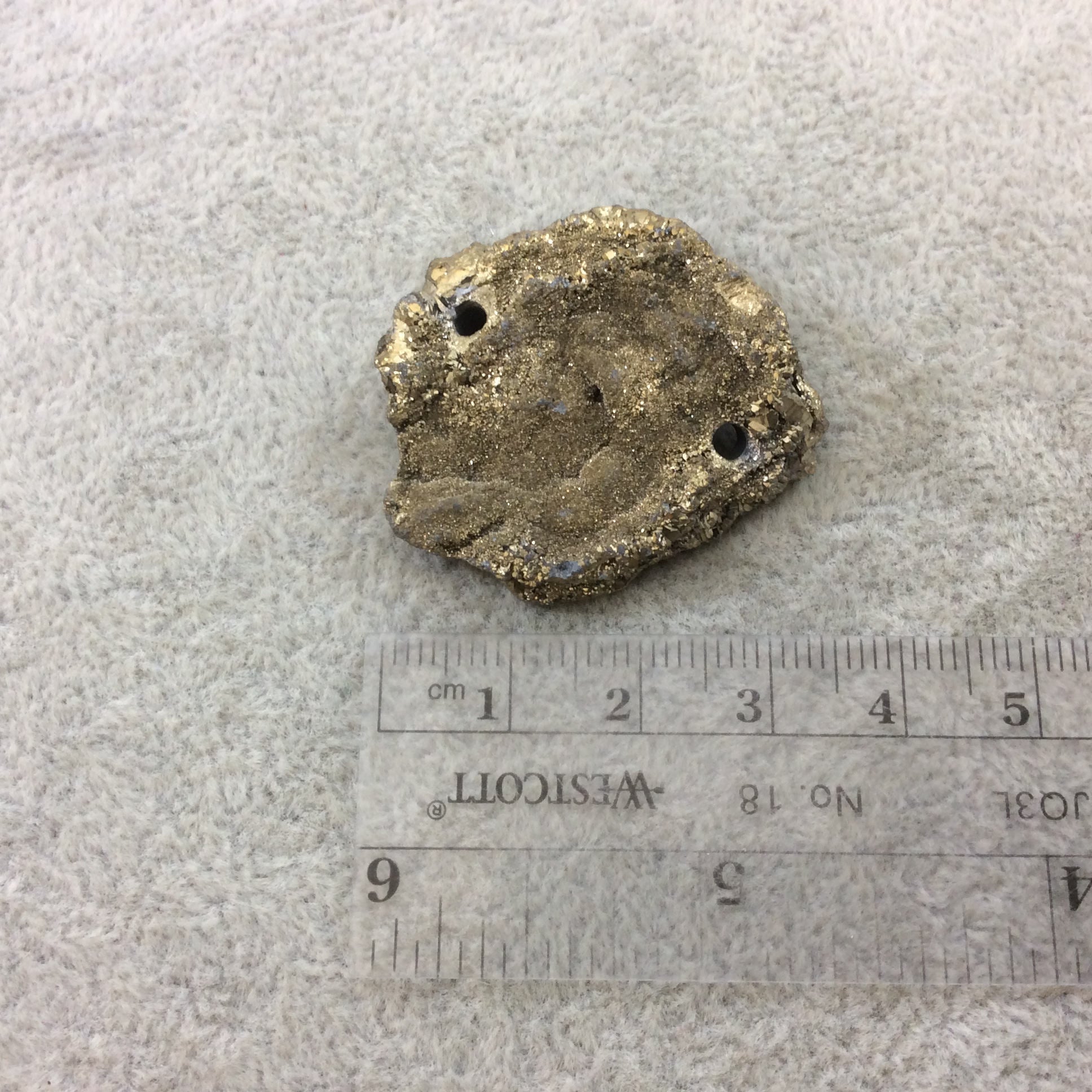 OOAK Metallic Gold Coated Freeform Oval Shaped Chalcedony Galaxy Druzy Dual Drilled Connector Slab Bead "H" - Measuring 33mm x 37mm, Approx.
