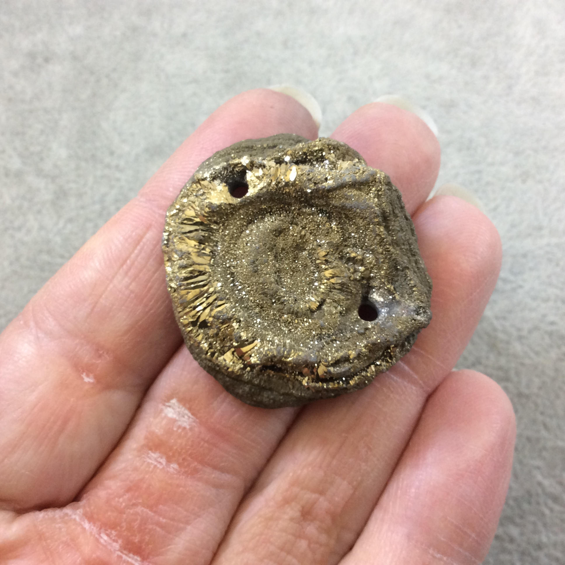 OOAK Metallic Gold Coated Freeform Oval Shaped Chalcedony Galaxy Druzy Dual Drilled Connector Slab Bead "I" - Measuring 33mm x 35mm, Approx.