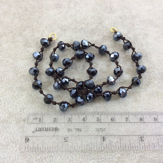 18" Dark Brown Thread Necklace Section with 8mm Faceted Metallic AB Finish Rondelle Shape Opaque Black Chinese Crystal Beads - (18CC-112)
