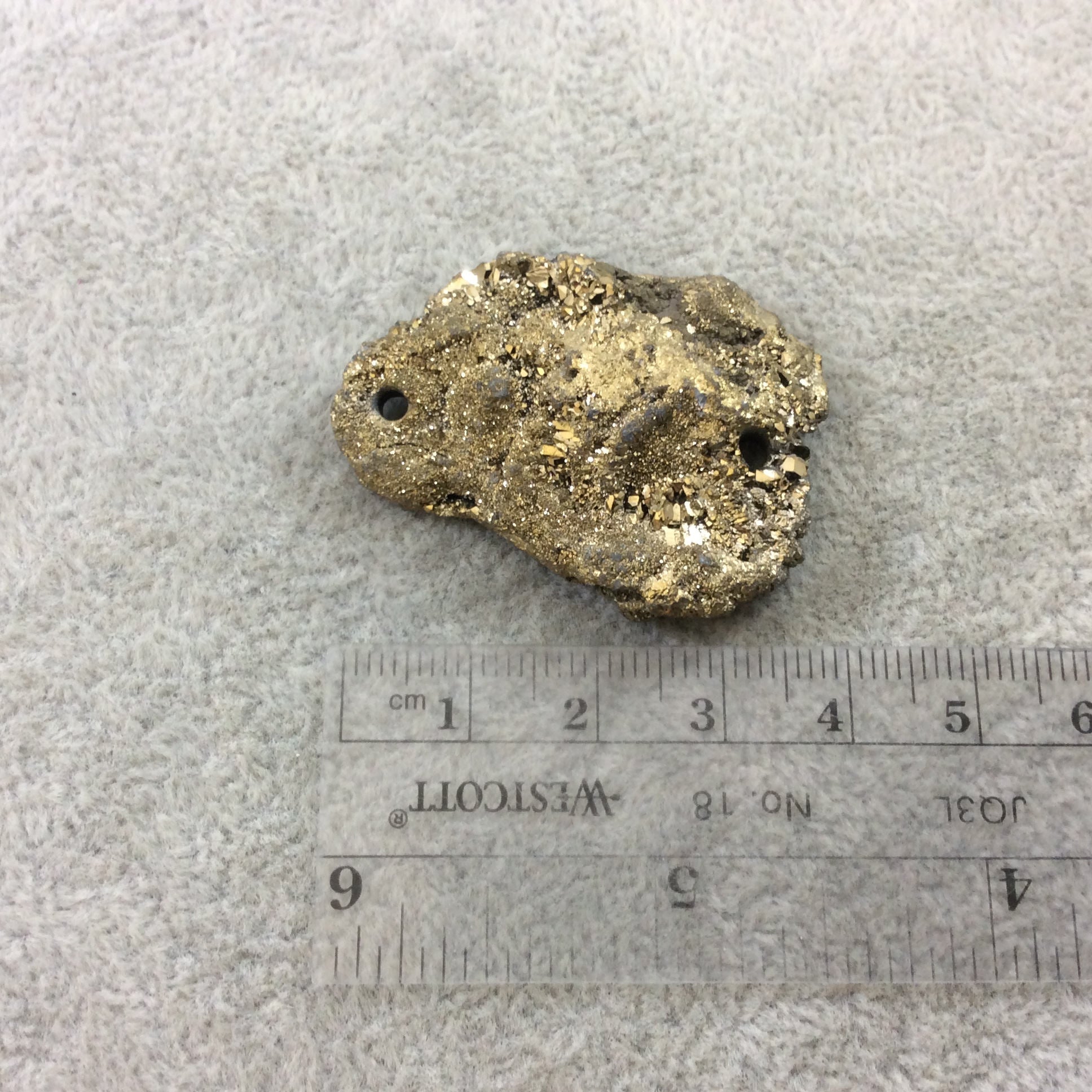 OOAK Metallic Gold Coated Freeform Oval Shaped Chalcedony Galaxy Druzy Dual Drilled Connector Slab Bead "P" - Measuring 31mm x 40mm, Approx.