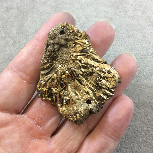 OOAK Metallic Gold Coated Freeform Oval Shaped Chalcedony Galaxy Druzy Dual Drilled Connector Slab Bead "X" - Measuring 45mm x 53mm, Approx.