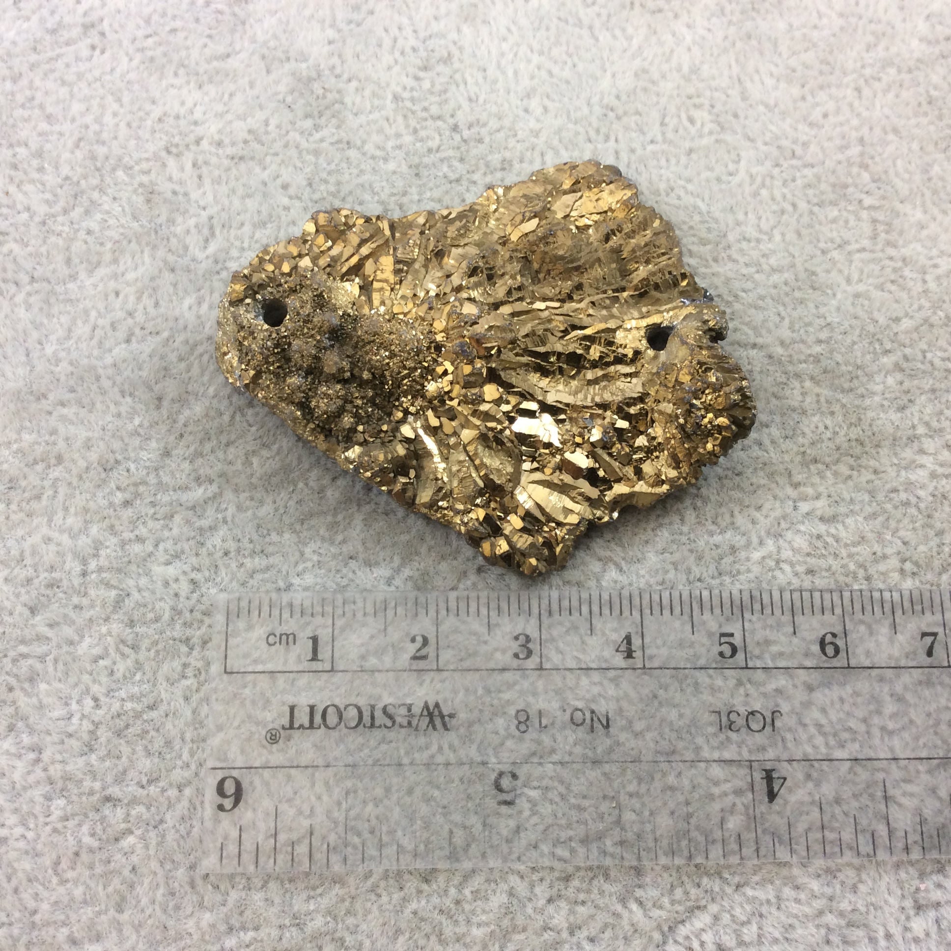 OOAK Metallic Gold Coated Freeform Oval Shaped Chalcedony Galaxy Druzy Dual Drilled Connector Slab Bead "X" - Measuring 45mm x 53mm, Approx.