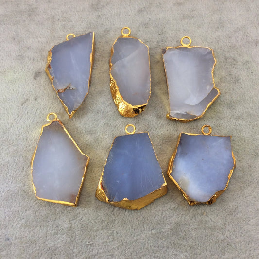 Medium Sized Gold Plated Natural Milky Gray/Blue Chalcedony Freeform Shaped Pendants - Measuring 40-50mm Long, Approx. - Individual, Random