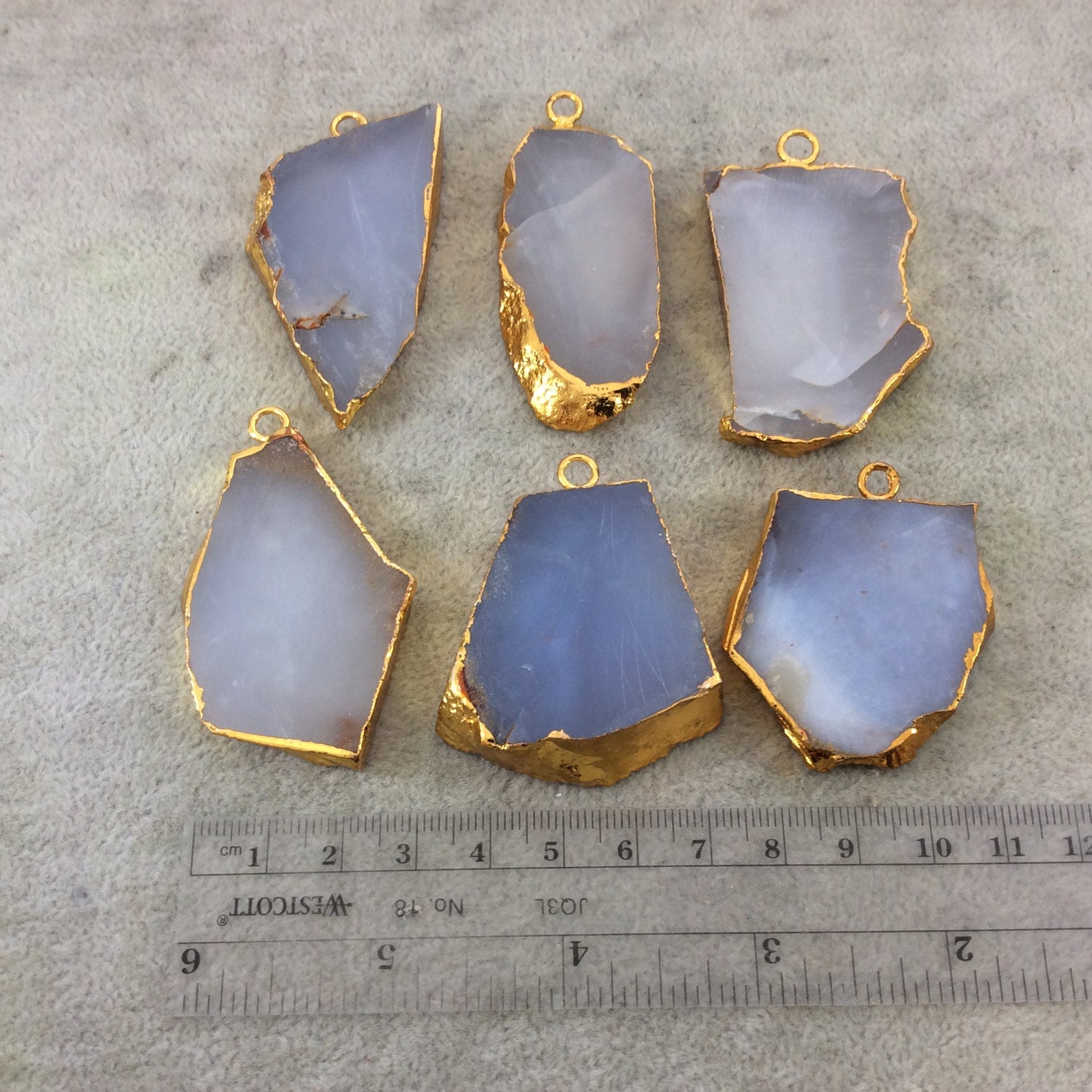 Medium Sized Gold Plated Natural Milky Gray/Blue Chalcedony Freeform Shaped Pendants - Measuring 40-50mm Long, Approx. - Individual, Random