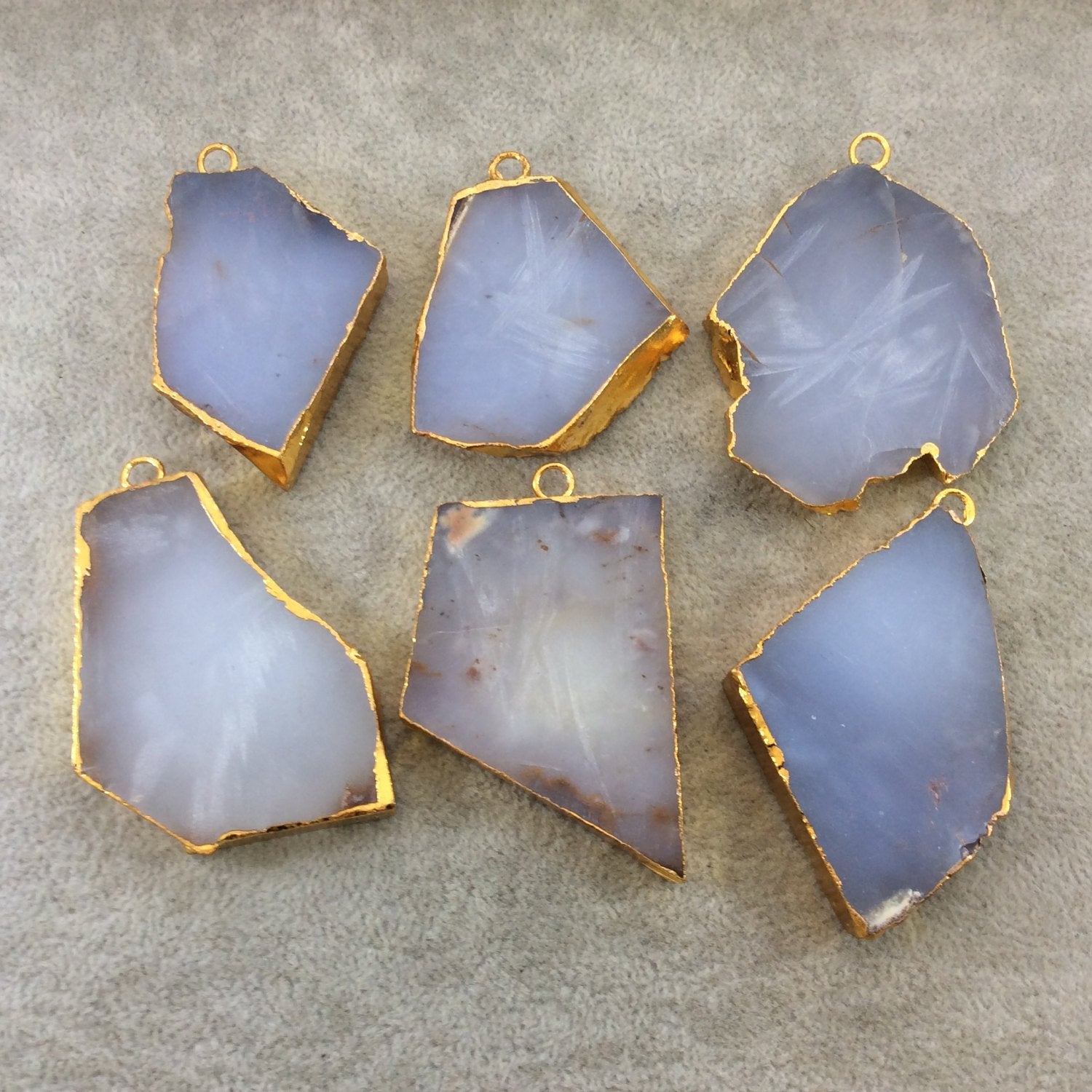 Large Sized Gold Plated Natural Milky Gray/Blue Chalcedony Freeform Shaped Pendants - Measuring 55-65mm Long, Approx. - Individual, Random