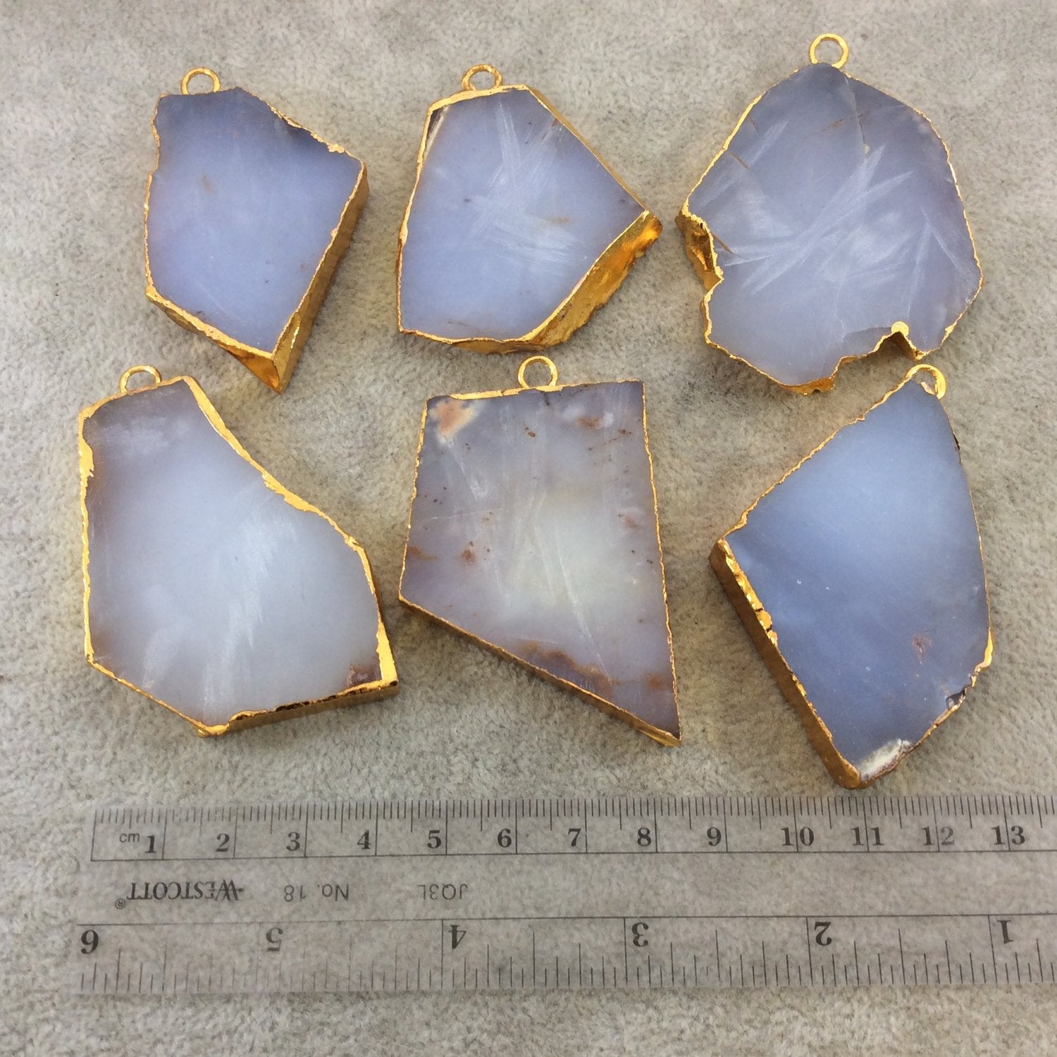 Large Sized Gold Plated Natural Milky Gray/Blue Chalcedony Freeform Shaped Pendants - Measuring 55-65mm Long, Approx. - Individual, Random