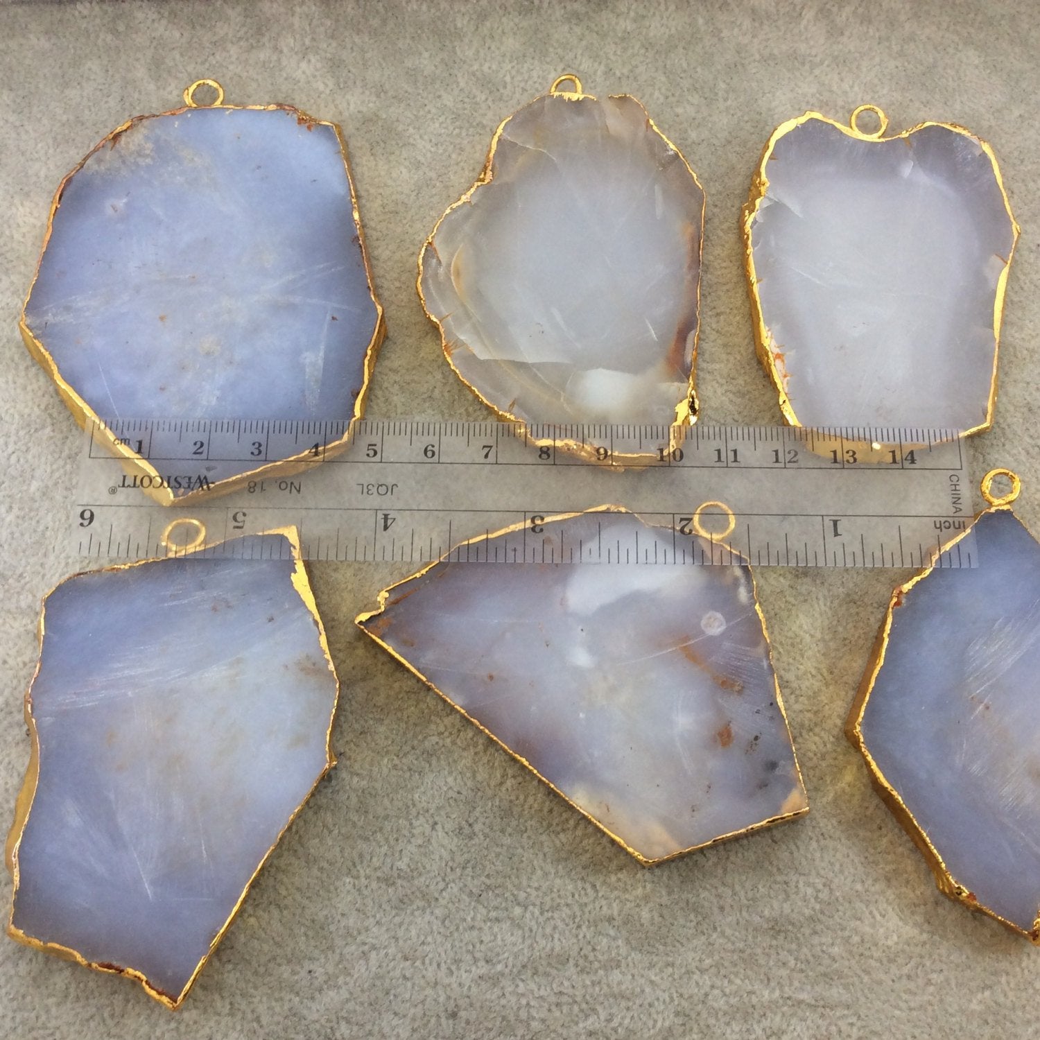 X-Large Sized Gold Plated Natural Milky Gray/Blue Chalcedony Freeform Shaped Pendants - Measuring 70-80mm Long, Approx. - Individual, Random