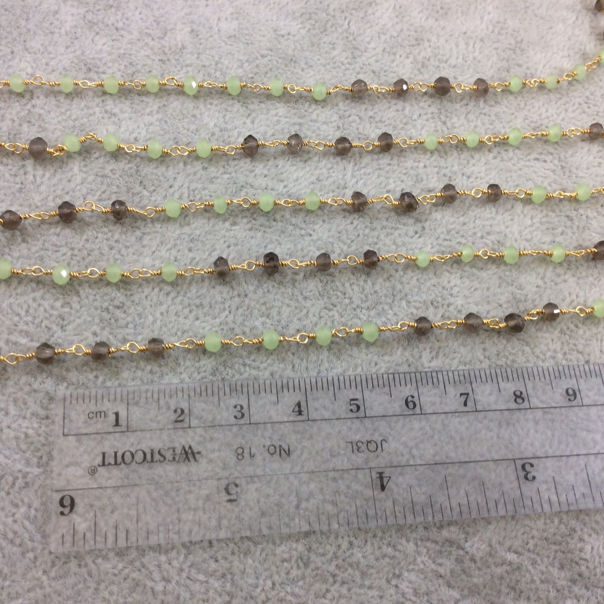 Gold Plated Copper Wrapped Rosary Chain with 3mm Faceted Natural Smoky Quartz and Prehnite Rondelle Beads (CH120-GD) - Sold by 1' Sections!