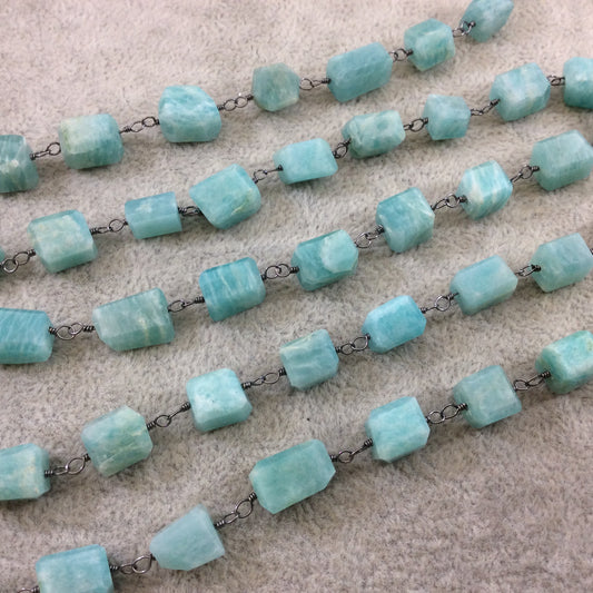 Gunmetal Plated Copper Wrapped Rosary Chain with 8-12mm Natural Amazonite 3D Square/Cube Shaped Beads - Sold by 1' Cut Sections or in Bulk!