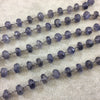 Gunmetal Plated Copper Wrapped Rosary Chain with 8-9mm Faceted Natural Iolite Shaped Rondelle Beads - Sold by 1' Cut Sections or in Bulk!
