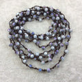 Chinese Crystal Beads | 72" Woven Dark Brown Thread Necklace with 6mm Faceted AB Finish Rondelle Shaped Opaque Gray Purple Glass Beads