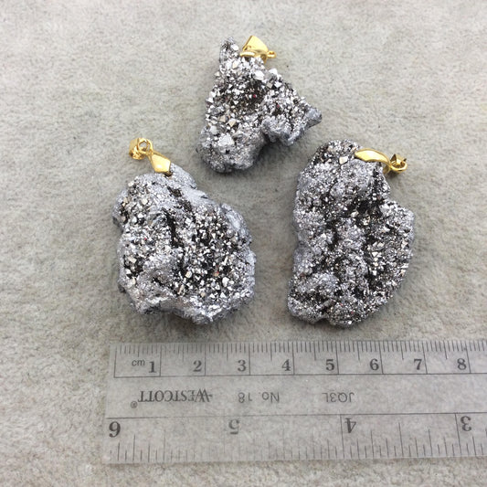 Metallic Silver Plated Druzy Chalcedony Freeform Shaped Pendant with Gold Bail - Measuring 35mm x 45mm Approx. - Sold Individually, Random