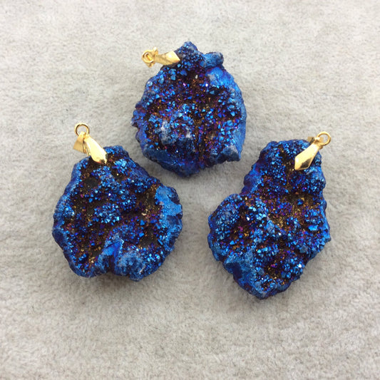Metallic Deep Blue Plated Druzy Chalcedony Freeform Shape Pendant with Gold Bail - Measuring 35mm x 45mm Approx. - Sold Individually, Random