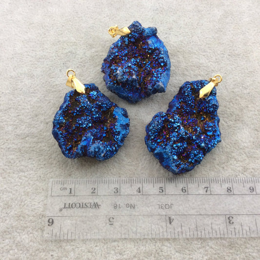 Metallic Deep Blue Plated Druzy Chalcedony Freeform Shape Pendant with Gold Bail - Measuring 35mm x 45mm Approx. - Sold Individually, Random