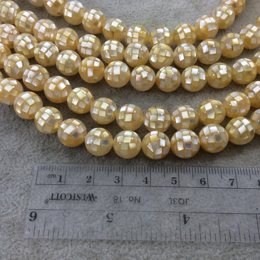 LOOSE BEADS - 10mm Pearly Yellow Natural Mother of Pearl Inlaid Round/Ball Beads with 1mm Holes - Sold in Pre-Packed Bags of 10 Beads